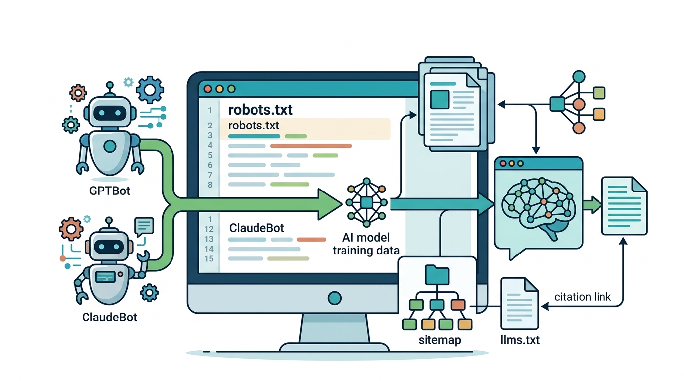 AI 크롤러(GPTBot·ClaudeBot) 허용 여부와 robots.txt 설정 가이드 관련 일러스트