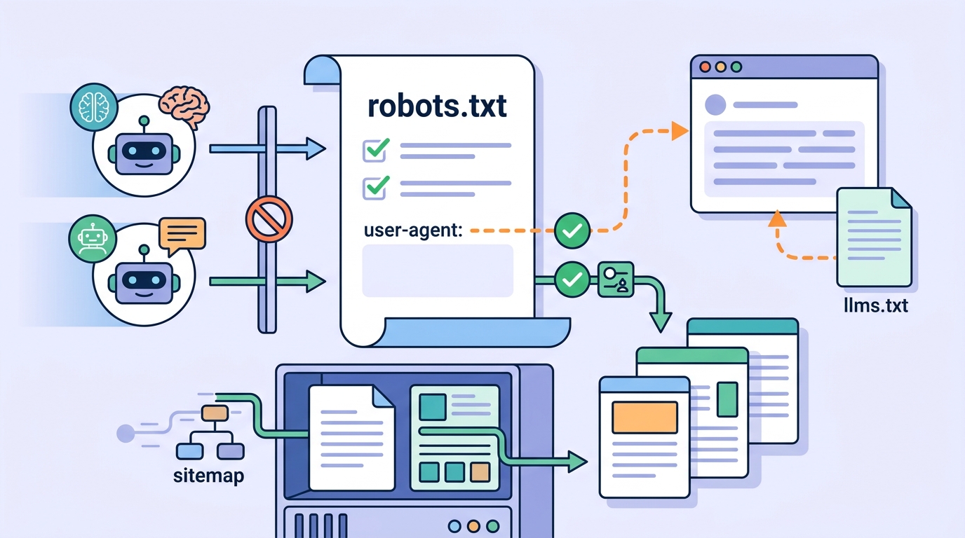 AI 크롤러(GPTBot·ClaudeBot) 허용 여부와 robots.txt 설정 가이드 관련 일러스트